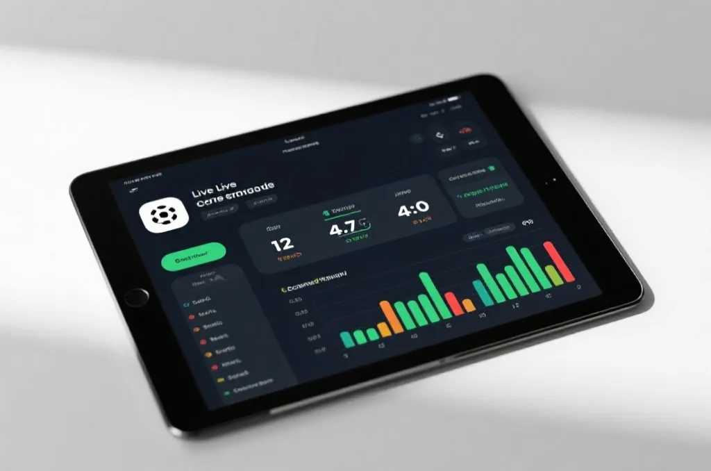 An elegant UI concept of a sports application on a tablet screen showing live scores and match statistics