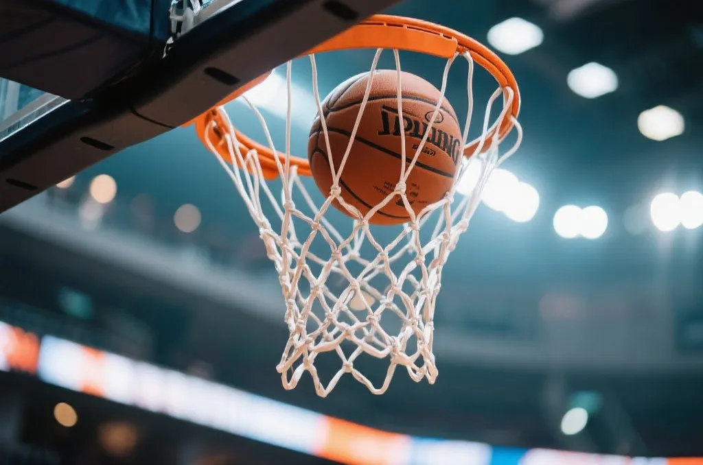 A professional basketball going through a metallic hoop inside a brightly illuminated indoor sports arena